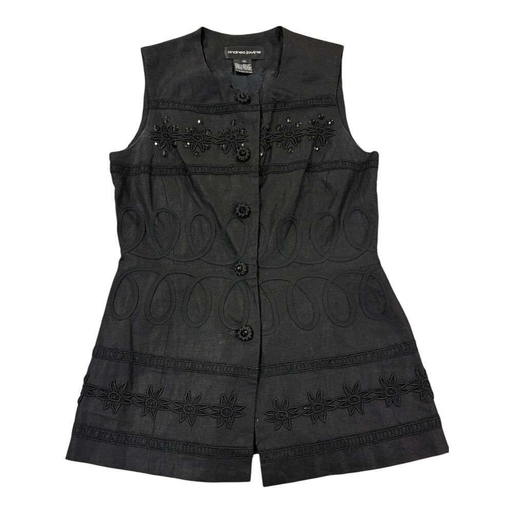 Andrea Jovine Women's Black Linen Sleeveless Beaded Top Size 10